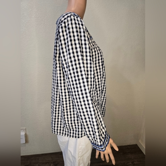 J. Crew Black Blue Gingham Plaid Floral Embroidered Square Neck Tunic Top Large - Picture 9 of 14